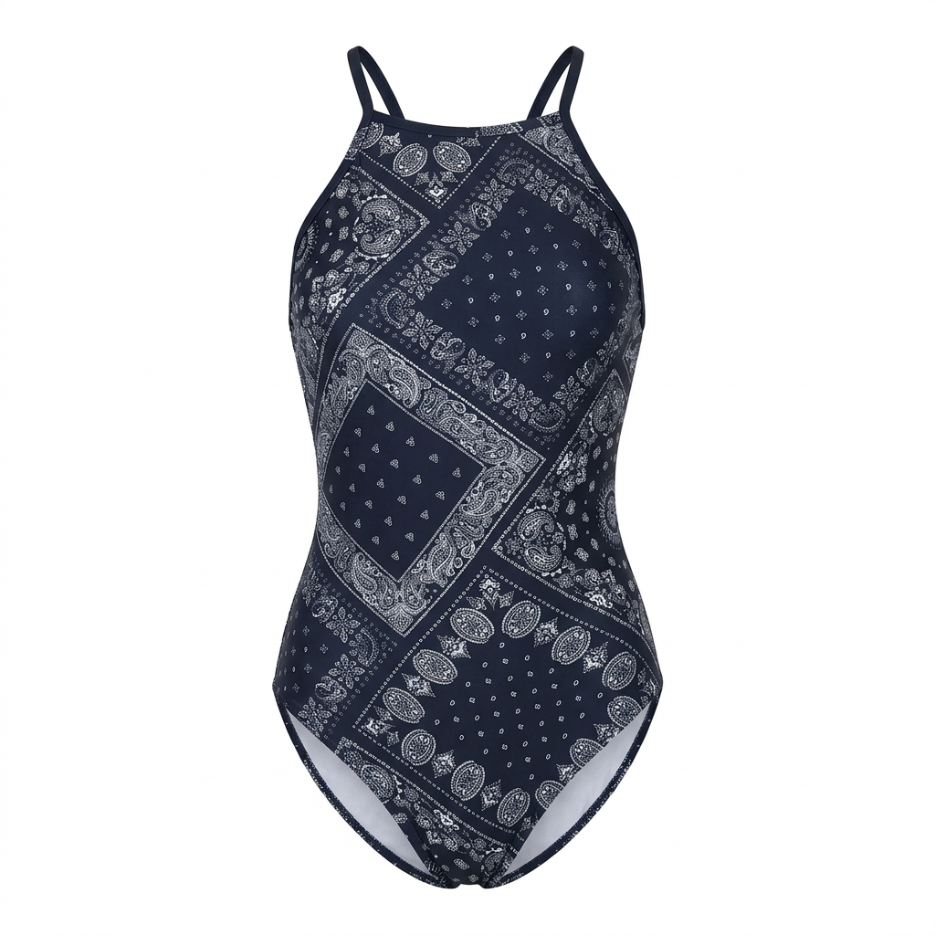 Dark bandana-print one-piece swimsuit on white background