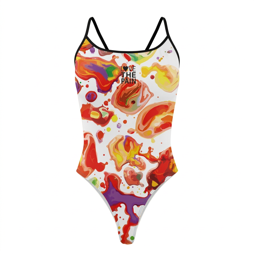 Multicolour abstract swimsuit with black straps, studio view