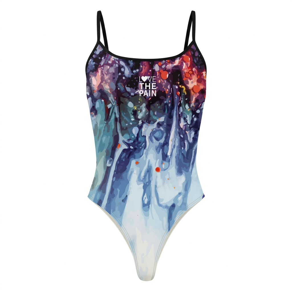 Pale blue flowing abstract one-piece swimsuit, studio view