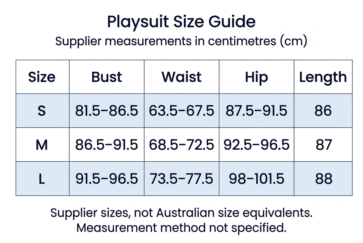 Workout playsuit supplier size chart in centimetres for S, M and L, including bust, waist, hip and length.