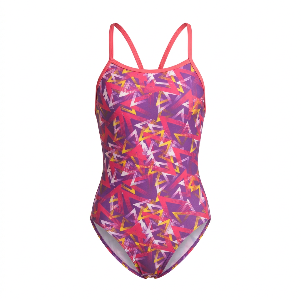 Pink geometric thin-strap one-piece swimsuit, studio view