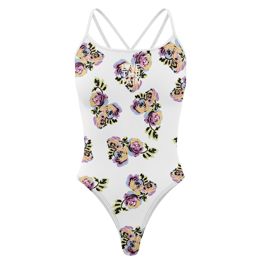 White rose print one-piece swimsuit, clean studio view