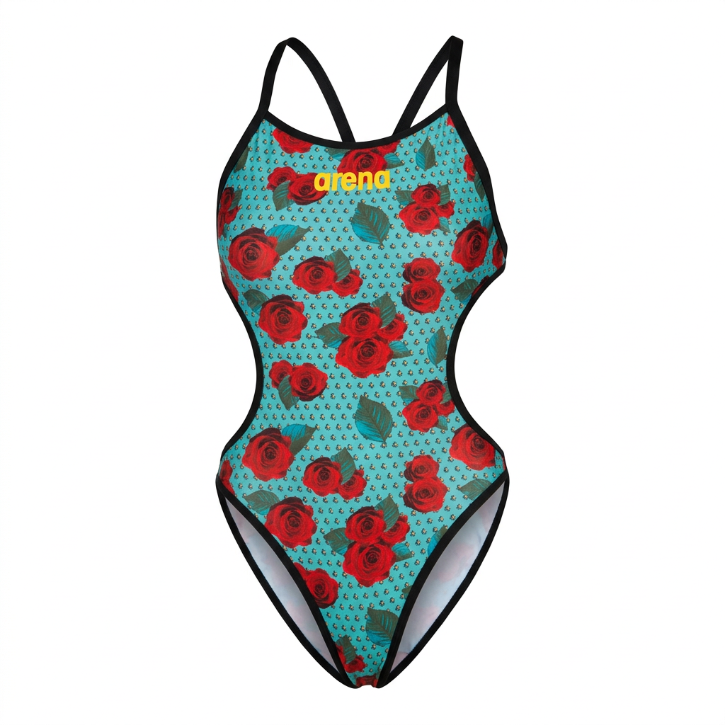 Turquoise red-rose cut-out one-piece swimsuit, clean studio view