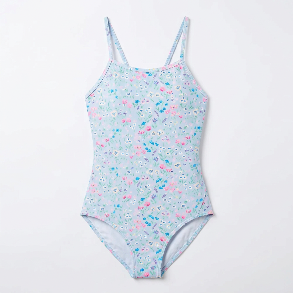 Pale pastel floral-print one-piece swimsuit on white background