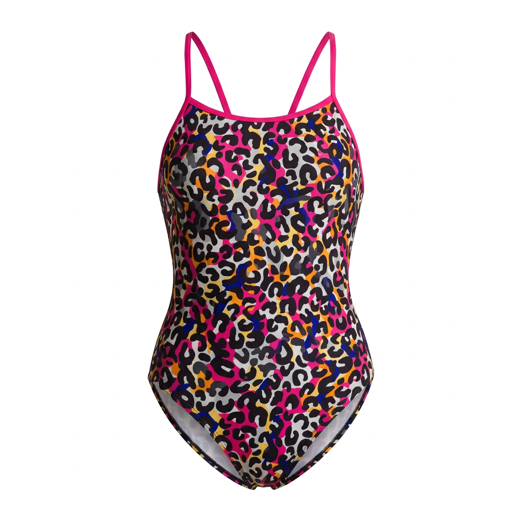 Multicolour leopard-print one-piece swimsuit with pink straps, studio view
