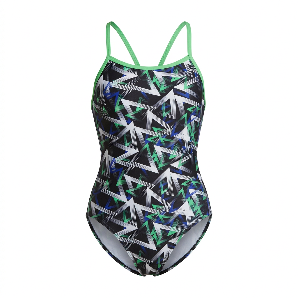 Black and mint geometric one-piece swimsuit, studio view