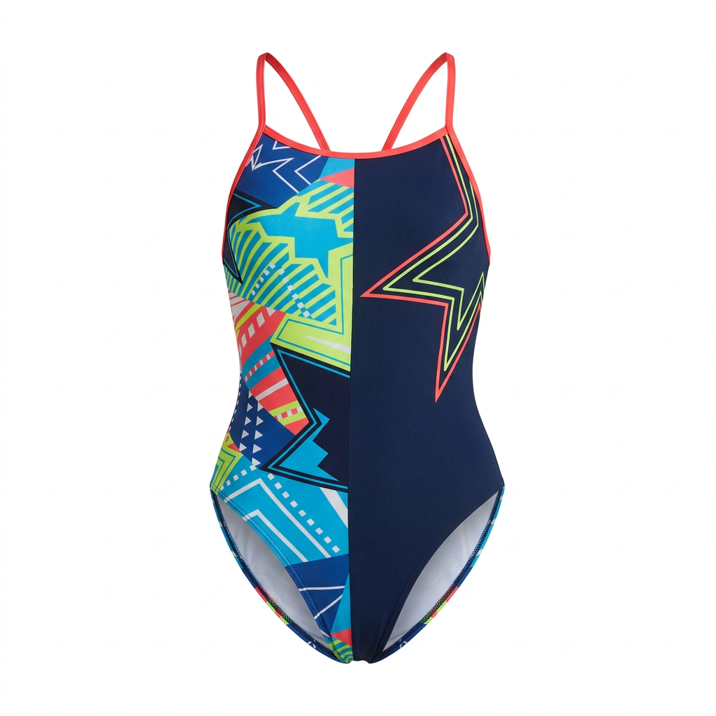 Navy star-print one-piece swimsuit with coral straps, studio view