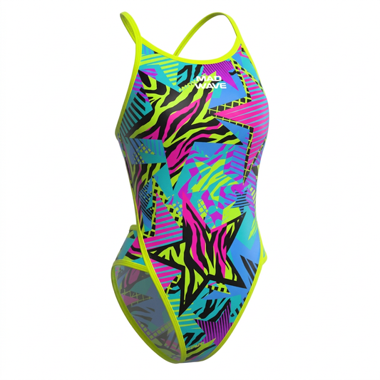 Neon abstract print one-piece swimsuit with lime trim