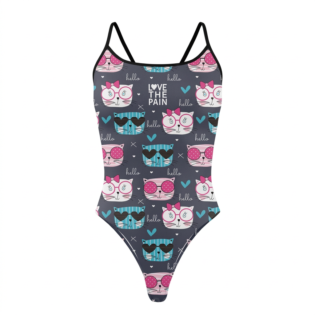 Cat-print one-piece swimsuit on white background