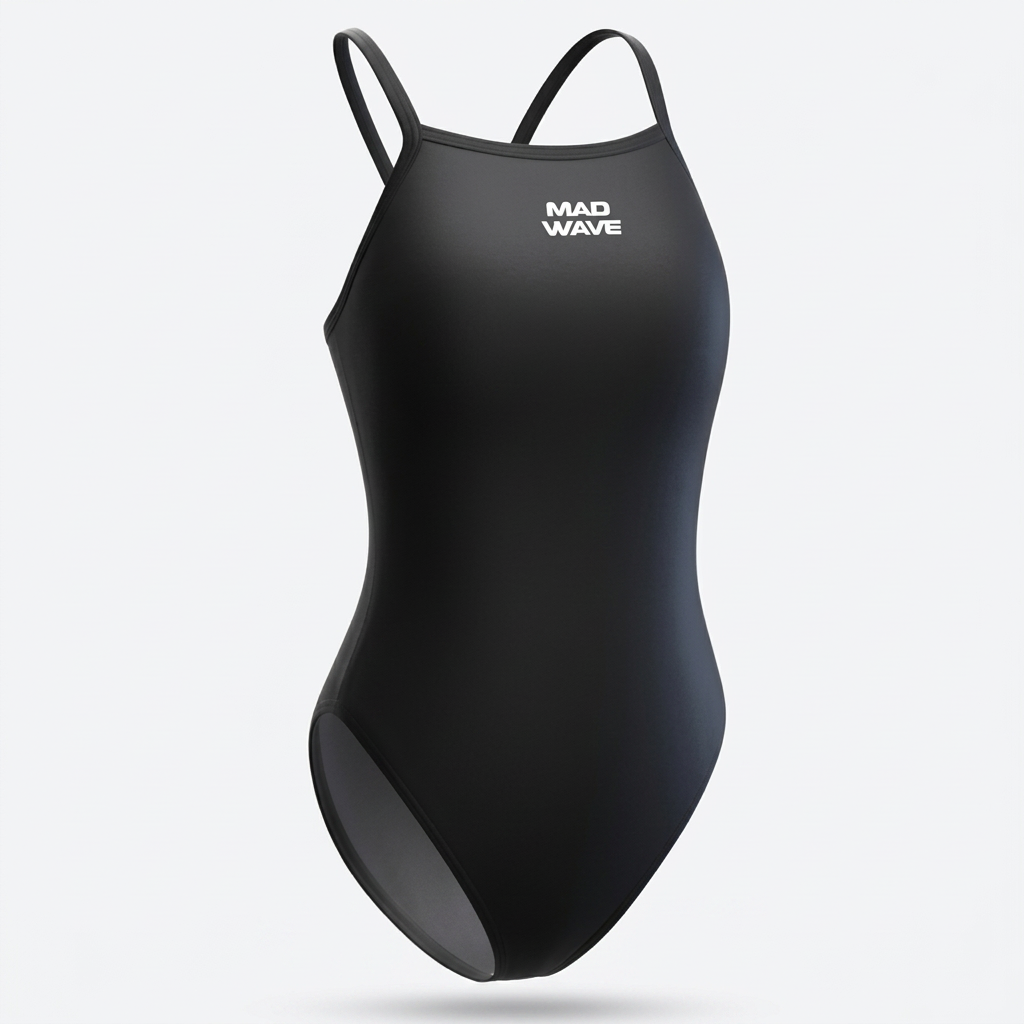Black thin-strap one-piece swimsuit, studio