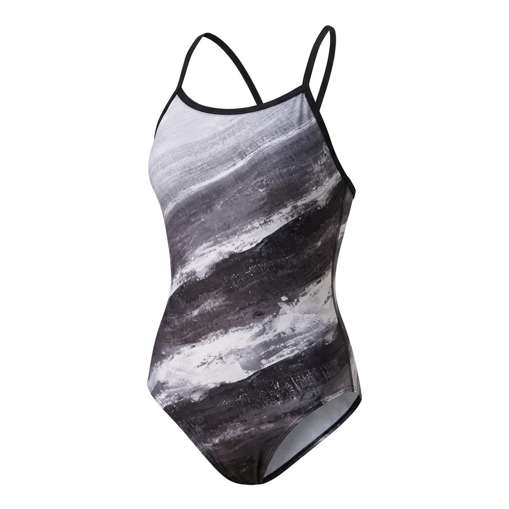 Grey wave-print one-piece swimsuit with black straps on white background