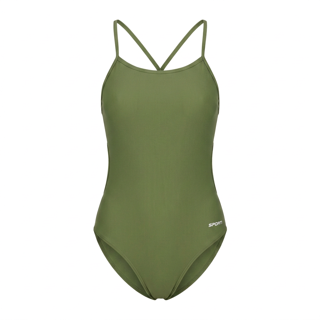 Olive green thin-strap one-piece swimsuit, studio front view