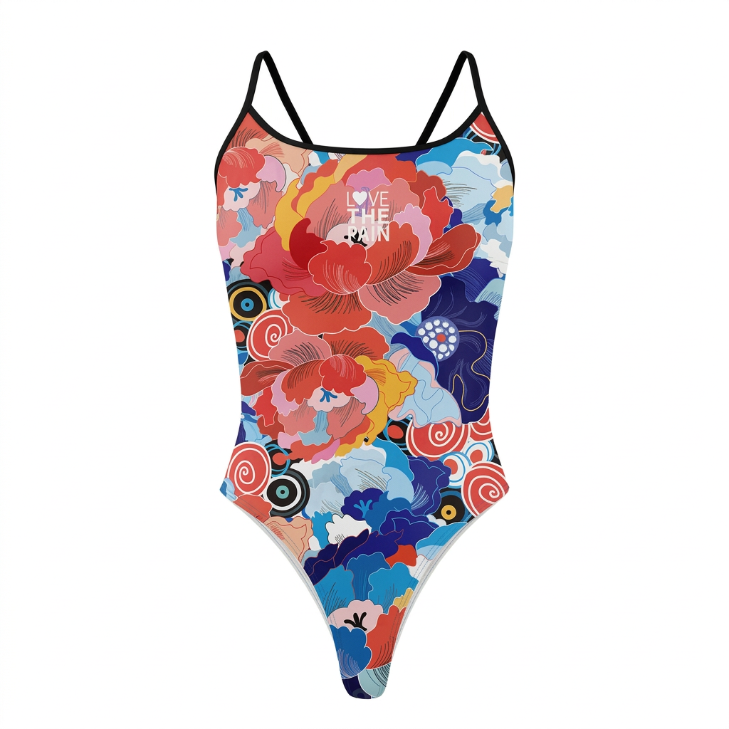 Red blue and pink large floral-print one-piece swimsuit with single black straps and pale leg edging on white