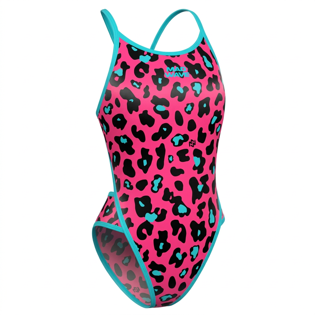 Pink leopard print one-piece swimsuit with turquoise trim