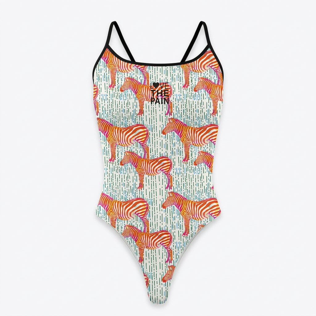 Orange zebra-print one-piece swimsuit on white background